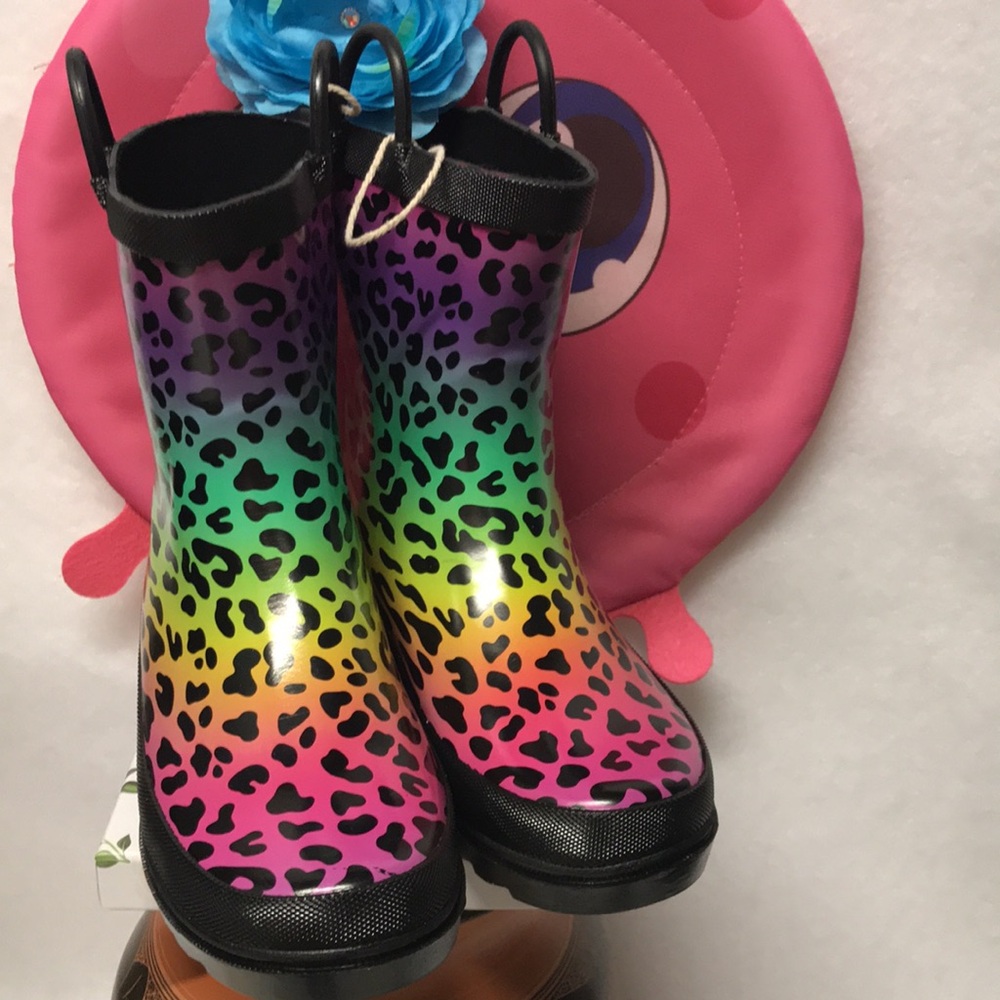 GIRLS BOOTS RAINBOOTS Black w/ Leopard multi colors gorgeous shoe Boots 11/12 T